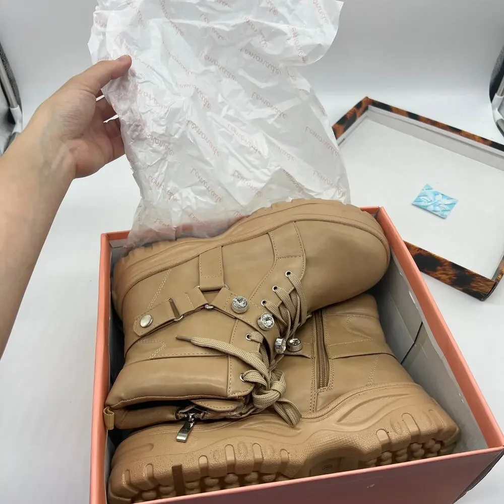 Lemonade Women Combat Boot Size 8M Rhinestone Strap Lace Up Textured Sole